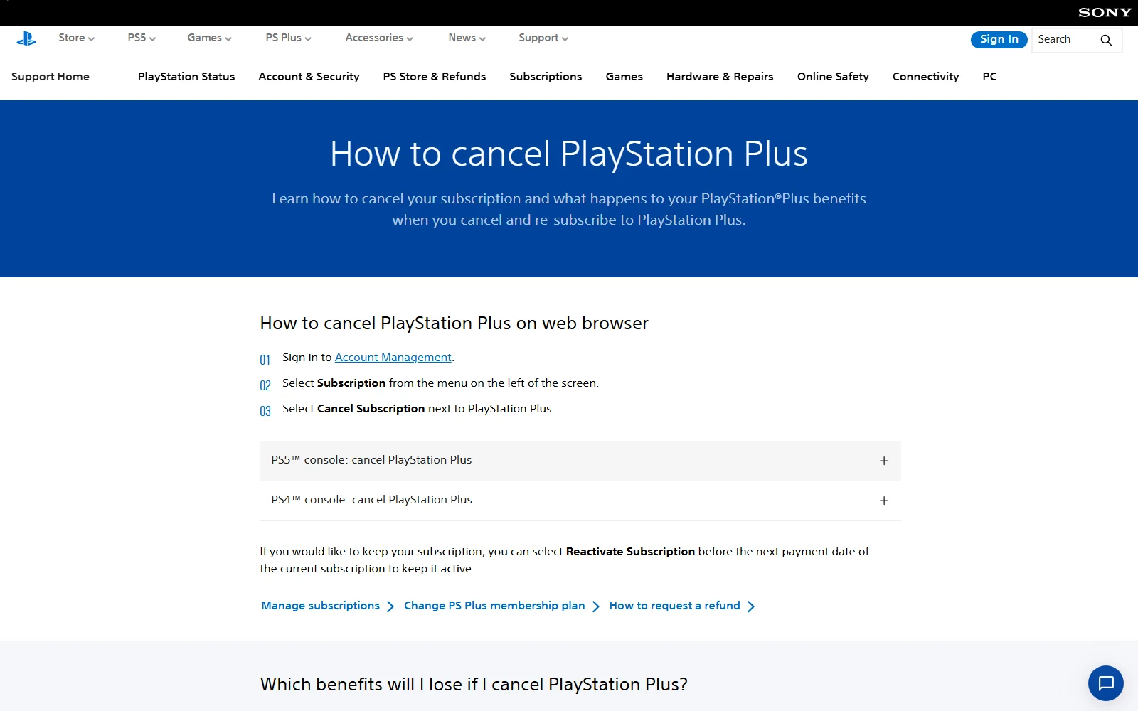 Official PlayStation Support page showing how to cancel a PlayStation Plus subscription